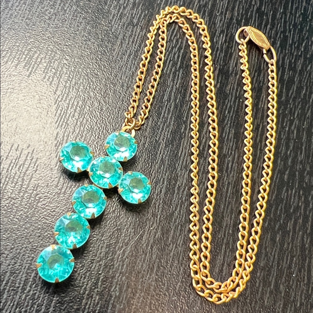Antique Victorian Religious Aqua Blue Seafoam Paste Gem Gold Gilt Cross Necklace - Picture 8 of 9